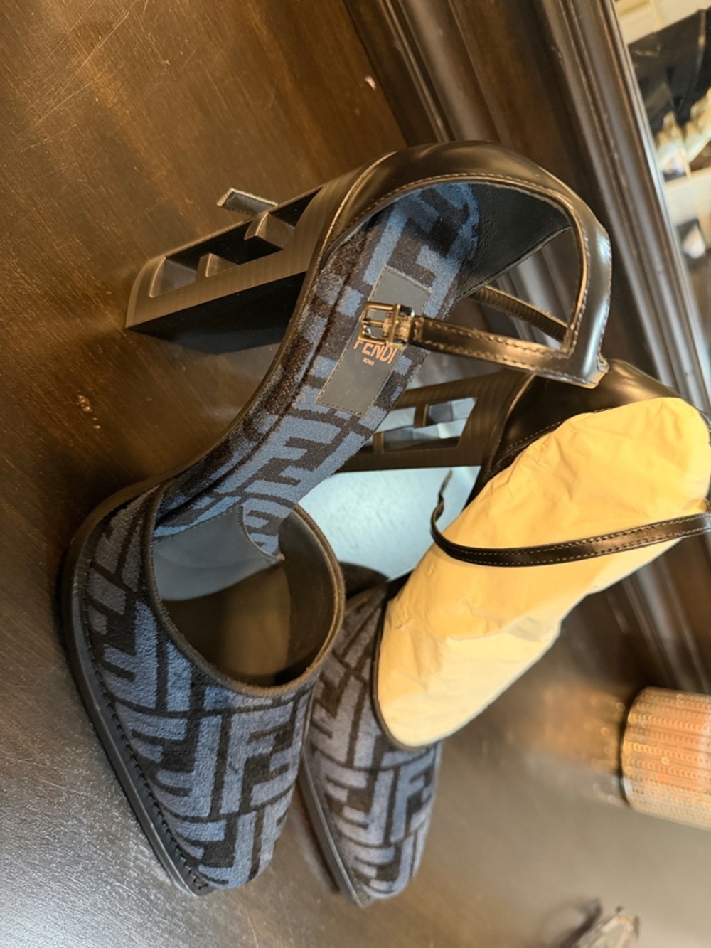 Fendi Black and Blue (DenimLook) FF Logo Block Heel Mules